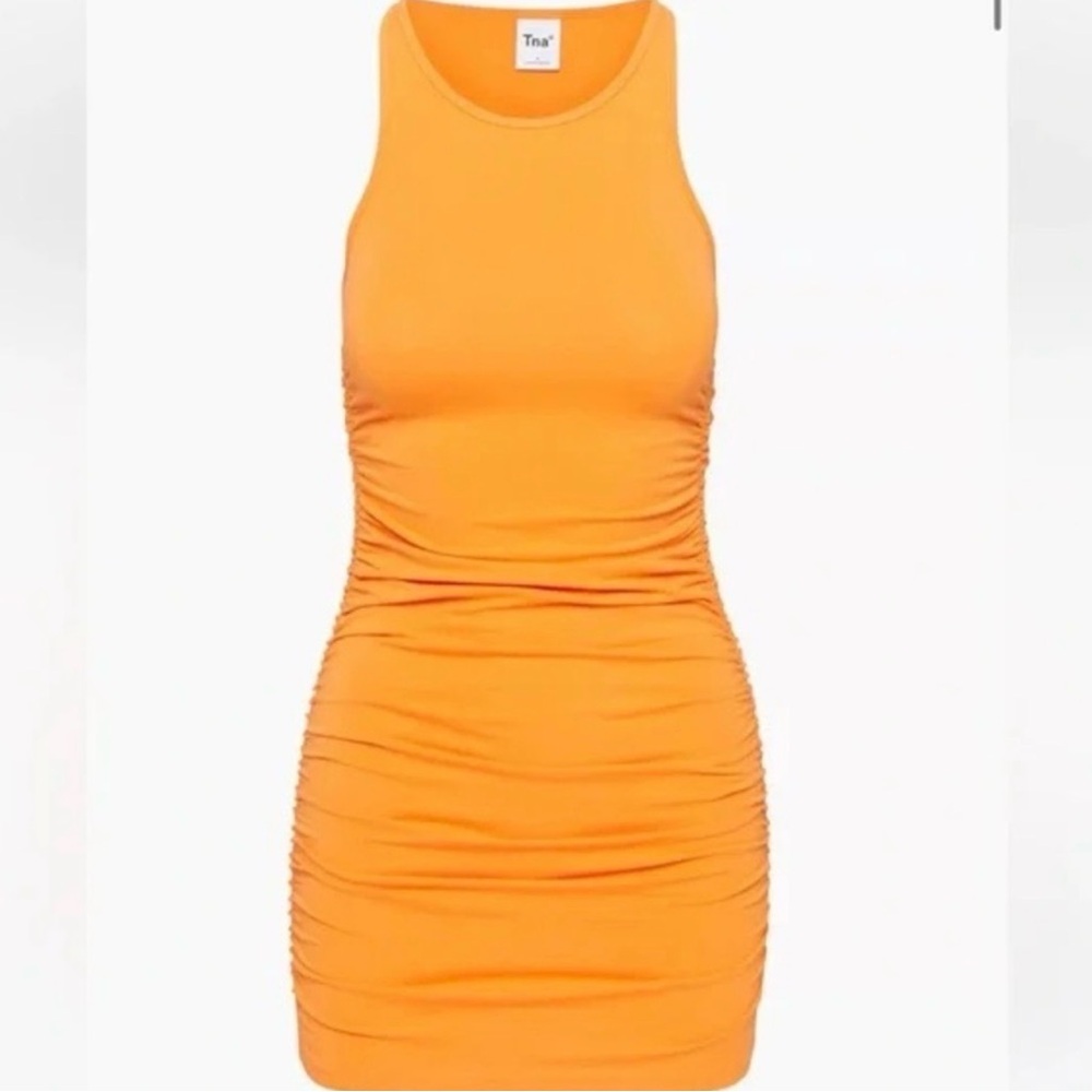 Tna Aritzia Orange Ruched Mini Dress Sleeveless Bodycon Tank Dress 2XS
